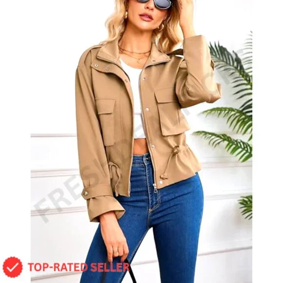 Cropped Bomber Jacket Lightweight Oversized Utility Anorak Coat Women Trendy